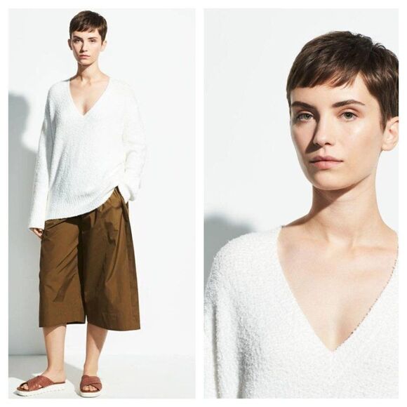 Vince Textured Tunic V Neck Sweater Boucle Knit Oversized White Women's Small - Picture 1 of 7